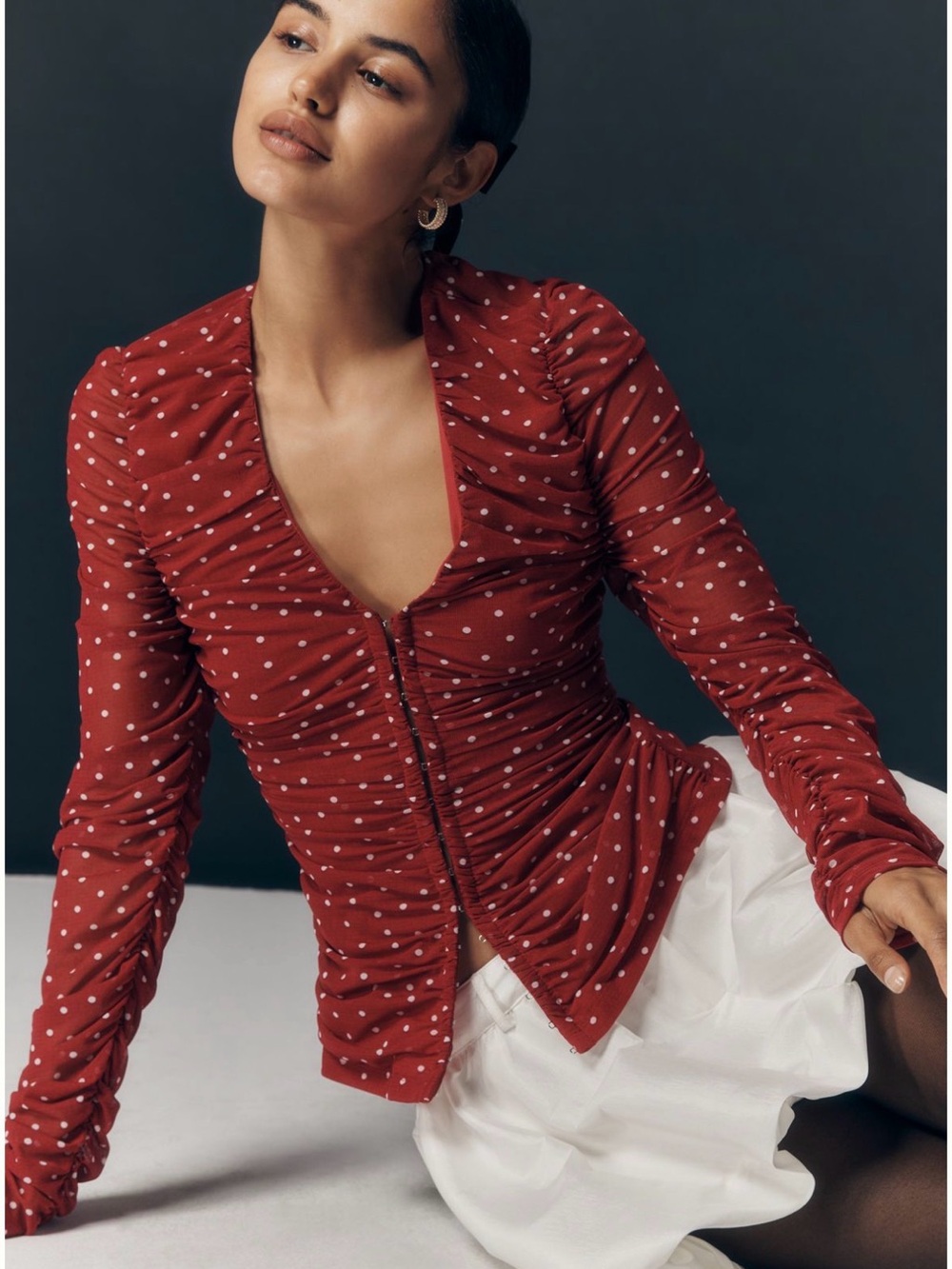 Maeve Red Polka Dot Ruched Long-Sleeve Top